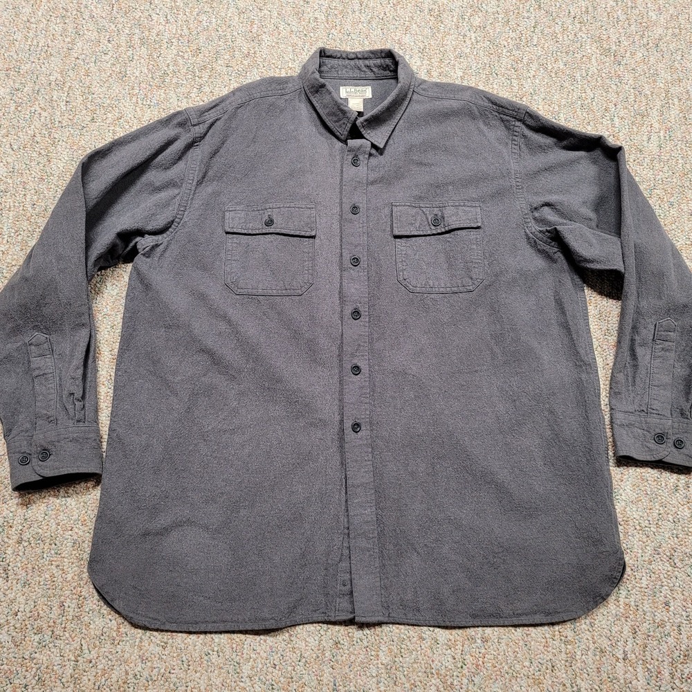 LL Bean Shirt Mens 2XL Grey Chamois Cloth Flannel Button Up Long Sleeve Hiking